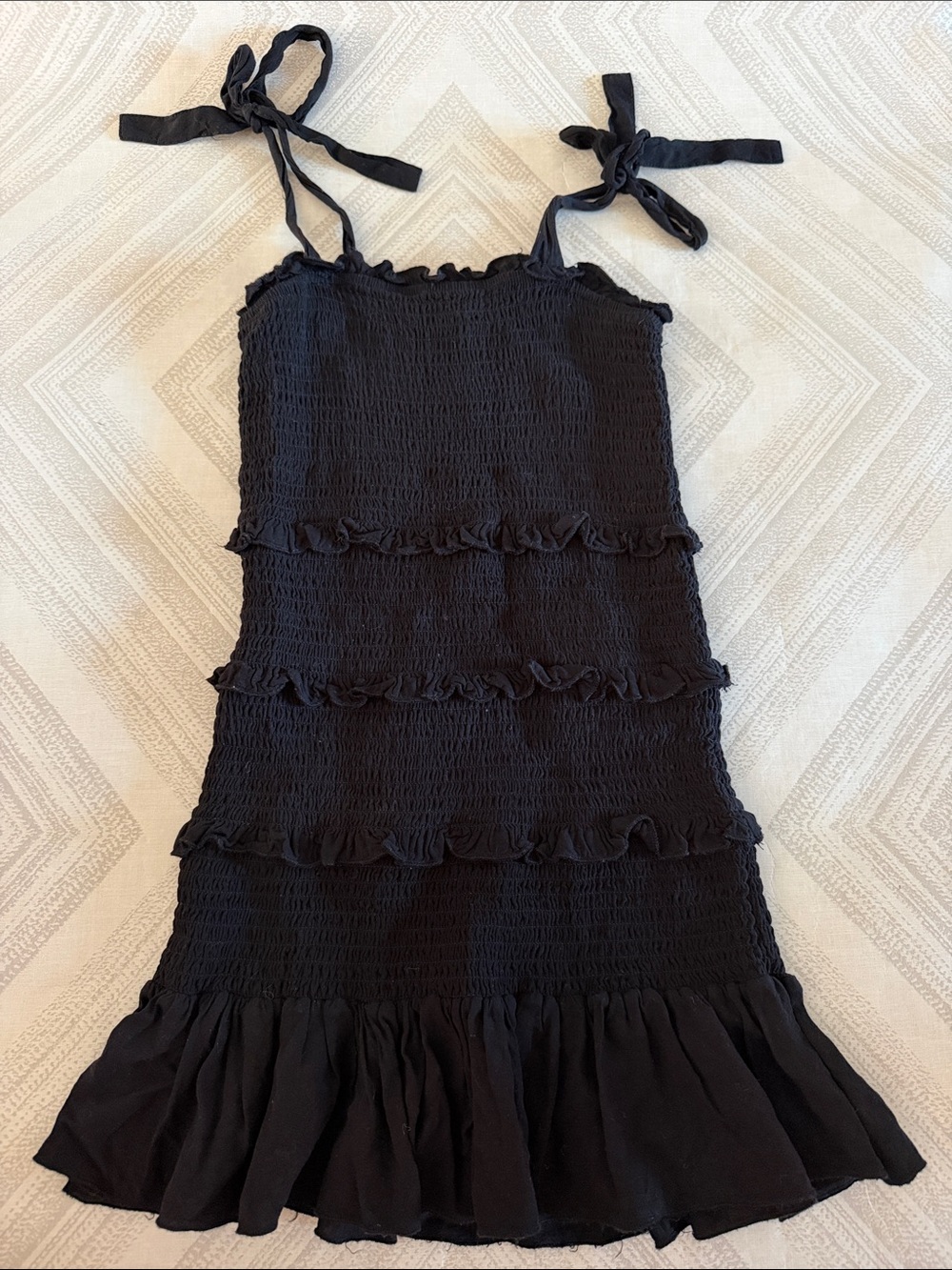 Katie J NYC Black Smocked Ruffle Mini Dress Tie Shoulder Size Small
